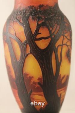 French Duquersil Cameo Glass Vase Trees Lake Landscape Paris