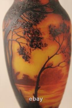 French Duquersil Cameo Glass Vase Trees Lake Landscape Paris