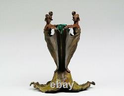 French Elegant Art Nouveau Bronze Two Nymphs With Original Green Glass Insert