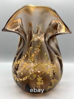French Glass Vase Art Nouveau Bohemian Enamel Optic Bronze Gilt Legras Leveille