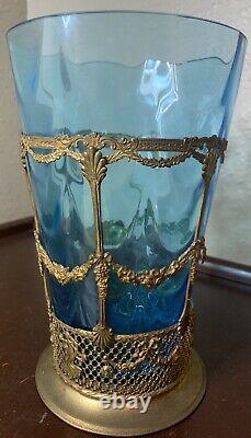 French Gold Brass Gilt Ormolu Filigree Blue Glass Vase Carr & Co Empire Ware VTG