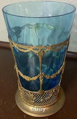 French Gold Brass Gilt Ormolu Filigree Blue Glass Vase Carr & Co Empire Ware VTG