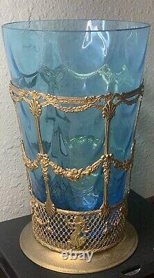 French Gold Brass Gilt Ormolu Filigree Blue Glass Vase Carr & Co Empire Ware VTG