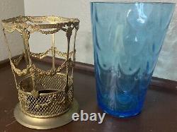 French Gold Brass Gilt Ormolu Filigree Blue Glass Vase Carr & Co Empire Ware VTG