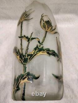 French Green To Clear Acid Etched Art Glass Vase With Raised Gilt Dragonfly 20x4