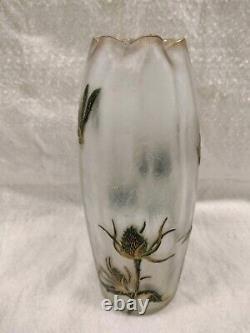 French Green To Clear Acid Etched Art Glass Vase With Raised Gilt Dragonfly 20x4