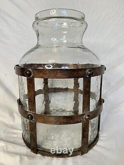 French Iron Basket with Glass Vase Large Heavy 14H