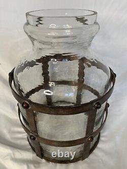 French Iron Basket with Glass Vase Large Heavy 14H