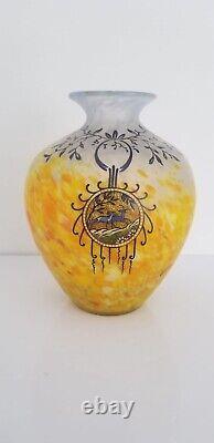 French Legras Art Glass Vase Enamel & Deer Decorations