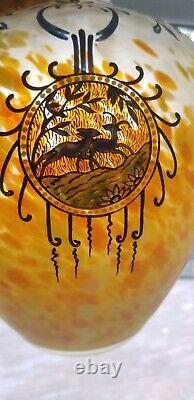French Legras Art Glass Vase Enamel & Deer Decorations