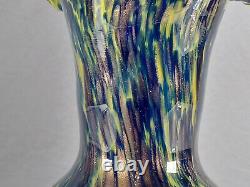 French Legras Cobalt Yellow Mica Flecks Spatter Splatter Ruffled Glass Vase