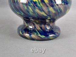 French Legras Cobalt Yellow Mica Flecks Spatter Splatter Ruffled Glass Vase