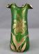 French Legras Gold Floral & Green Ruffled Rim 6 3/4 Inch Vase Circa 1880s