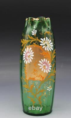 French Legras Green Floral Enameled Vase Ribbed Glass with Crimped Edge