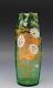 French Legras Green Floral Enameled Vase Ribbed Glass with Crimped Edge