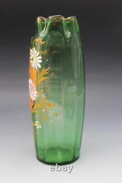 French Legras Green Floral Enameled Vase Ribbed Glass with Crimped Edge