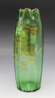 French Legras Green Floral Enameled Vase Ribbed Glass with Crimped Edge