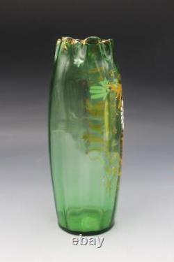 French Legras Green Floral Enameled Vase Ribbed Glass with Crimped Edge