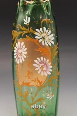 French Legras Green Floral Enameled Vase Ribbed Glass with Crimped Edge