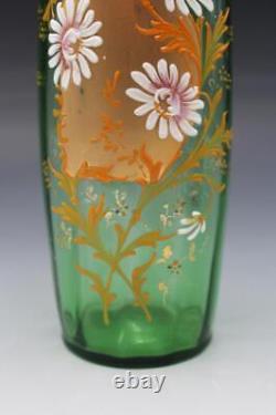 French Legras Green Floral Enameled Vase Ribbed Glass with Crimped Edge