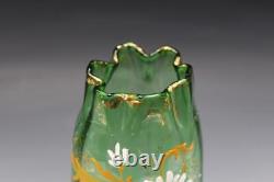 French Legras Green Floral Enameled Vase Ribbed Glass with Crimped Edge