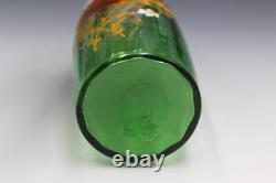 French Legras Green Floral Enameled Vase Ribbed Glass with Crimped Edge