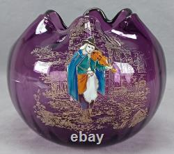 French Legras Hand Enameled Fiddler Amethyst Glass Rose Bowl Vase C. 1900