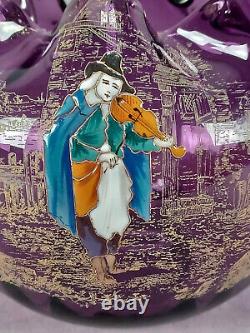 French Legras Hand Enameled Fiddler Amethyst Glass Rose Bowl Vase C. 1900