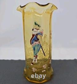 French Legras Hand Enameled Punchinello Amber Glass Spill Vase C. 1900