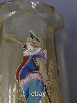 French Legras Hand Enameled Punchinello Amber Glass Spill Vase C. 1900