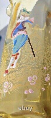 French Legras Hand Enameled Punchinello Amber Glass Spill Vase C. 1900
