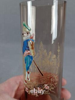 French Legras Hand Enameled Punchinello Amber Glass Spill Vase C. 1900