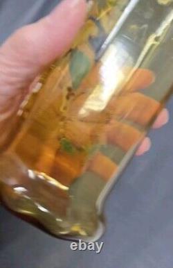 French Legras Hand Enameled Punchinello Amber Glass Spill Vase C. 1900