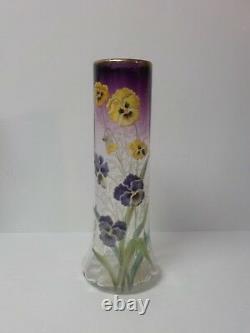 French Legras Larmatine Art Nouveau 14 Vase, Enameled Pansies, c. 1910-25 (#1)