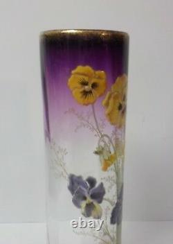 French Legras Larmatine Art Nouveau 14 Vase, Enameled Pansies, c. 1910-25 (#1)