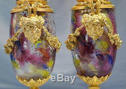 French Neo-Classical Gilt Bronze Pair Color Crackled Glass Potpourri Lidded Urns