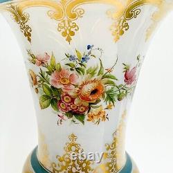 French Opaline Art Glass Hand Painted Floral Vase 15 inches circa 1900