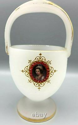 French Opaline Glass Basket Vase Jeweled Bonbonniere Bohemian Baccarat Portrait