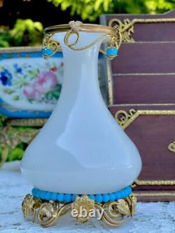 French Opaline Vase 19th Napoleon 3 With Turquoise