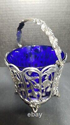 French Pot Pourri Vase Blue Glass and Silverplate Base and Handle
