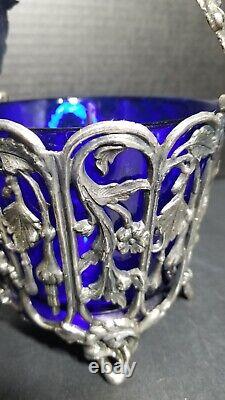 French Pot Pourri Vase Blue Glass and Silverplate Base and Handle