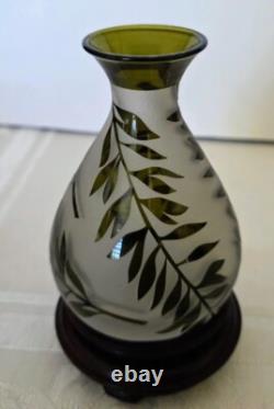 French Small 1900's Acid Etched Leaves Evergreen to Frosted Glass Vase