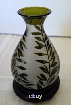 French Small 1900's Acid Etched Leaves Evergreen to Frosted Glass Vase