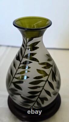 French Small 1900's Acid Etched Leaves Evergreen to Frosted Glass Vase