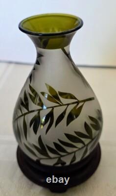 French Small 1900's Acid Etched Leaves Evergreen to Frosted Glass Vase