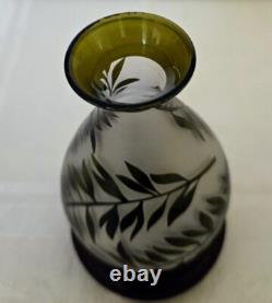 French Small 1900's Acid Etched Leaves Evergreen to Frosted Glass Vase