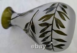 French Small 1900's Acid Etched Leaves Evergreen to Frosted Glass Vase