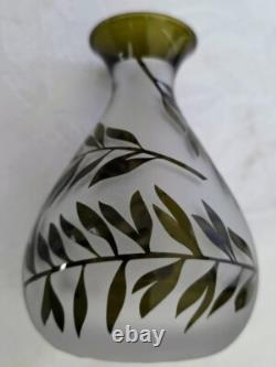 French Small 1900's Acid Etched Leaves Evergreen to Frosted Glass Vase