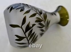 French Small 1900's Acid Etched Leaves Evergreen to Frosted Glass Vase