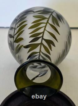 French Small 1900's Acid Etched Leaves Evergreen to Frosted Glass Vase